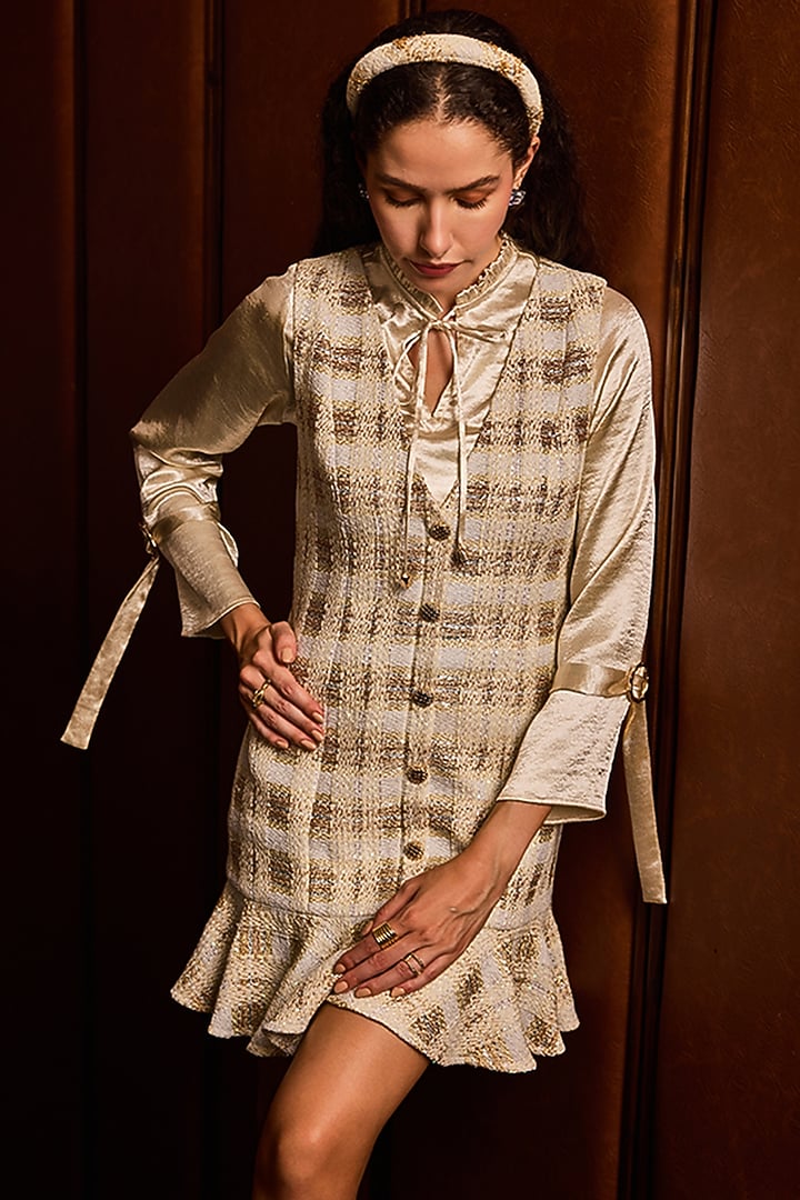 Beige Tweed Vacation Dress by Label Deepika Nagpal at Pernia's Pop Up Shop