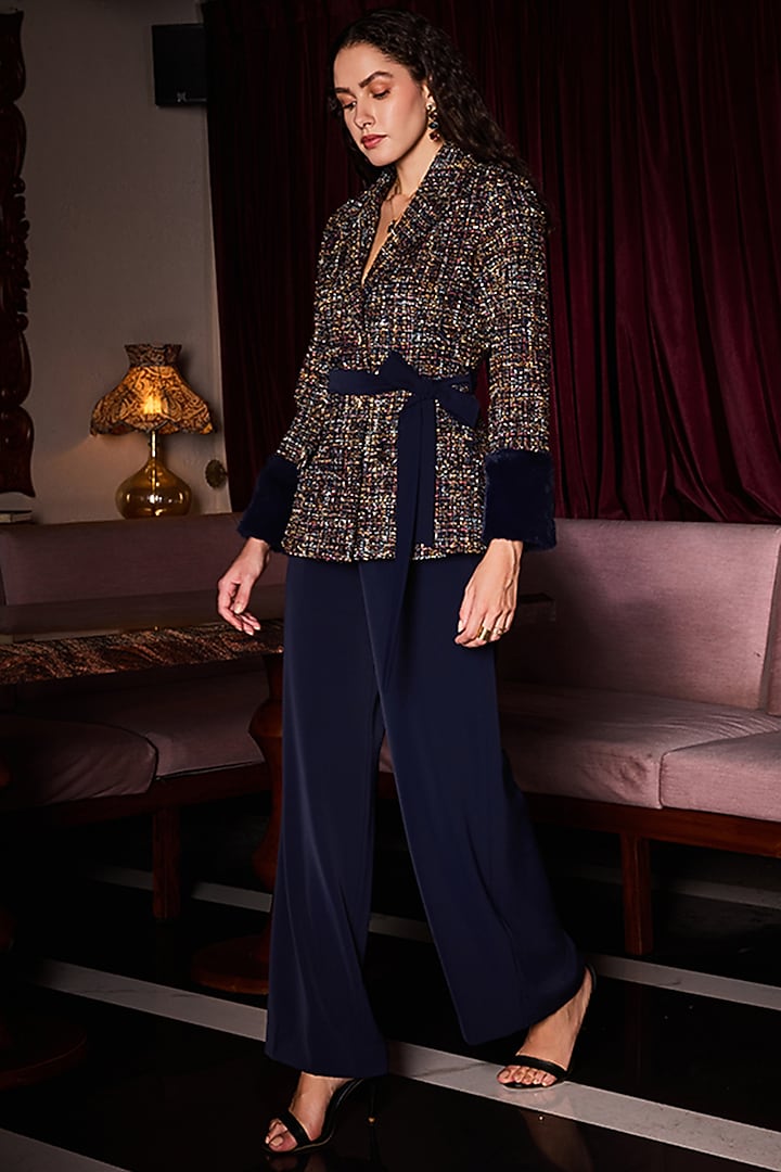 Blue Tweed Blazer Set by Label Deepika Nagpal at Pernia's Pop Up Shop