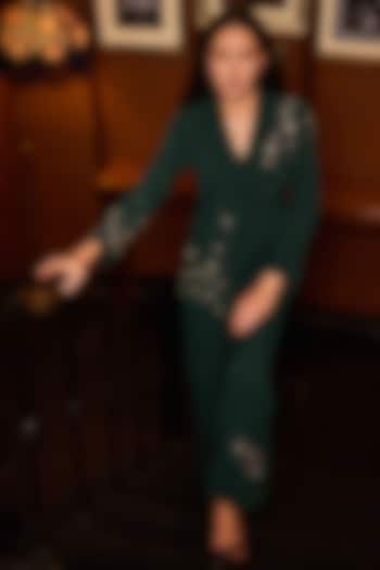Green Crepe Embellished Blazer Set by Label Deepika Nagpal at Pernia's Pop Up Shop