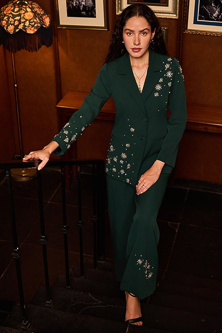 Green Crepe Embellished Blazer Set by Label Deepika Nagpal at Pernia's Pop Up Shop