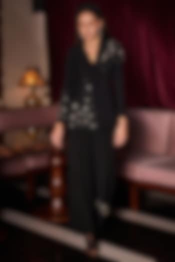 Black Crepe Embellished Blazer Set by Label Deepika Nagpal at Pernia's Pop Up Shop