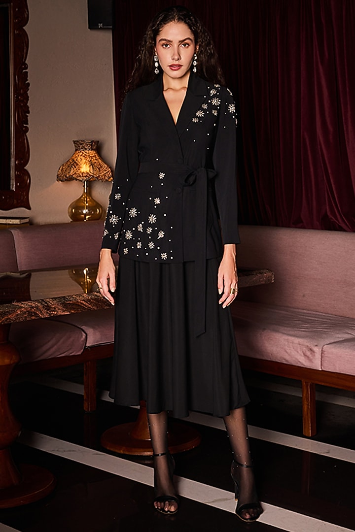 Black Crepe Embellished Blazer Set by Label Deepika Nagpal at Pernia's Pop Up Shop