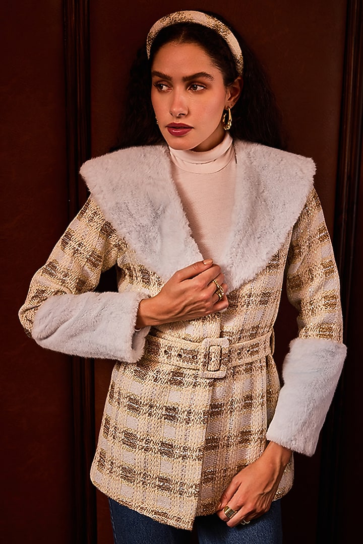 Beige Tweed Jacket Set by Label Deepika Nagpal at Pernia's Pop Up Shop