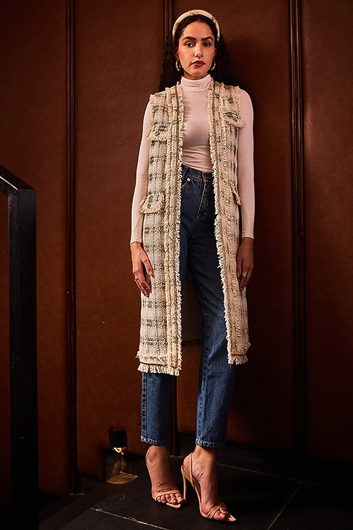 Beige Tweed Jacket by Label Deepika Nagpal at Pernia's Pop Up Shop