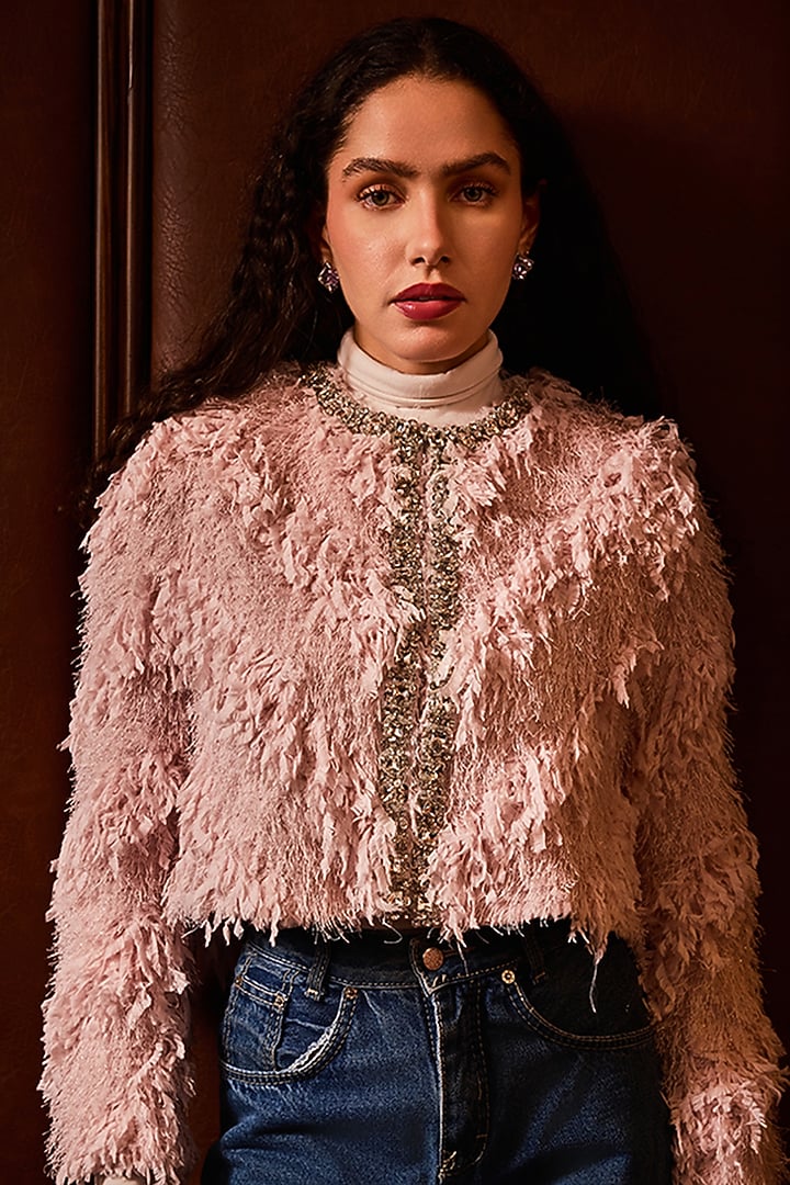 Beige Tweed Embellished Jacket by Label Deepika Nagpal at Pernia's Pop Up Shop