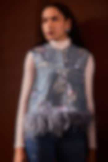 Blue Denim Lace Embellished Jacket by Label Deepika Nagpal at Pernia's Pop Up Shop