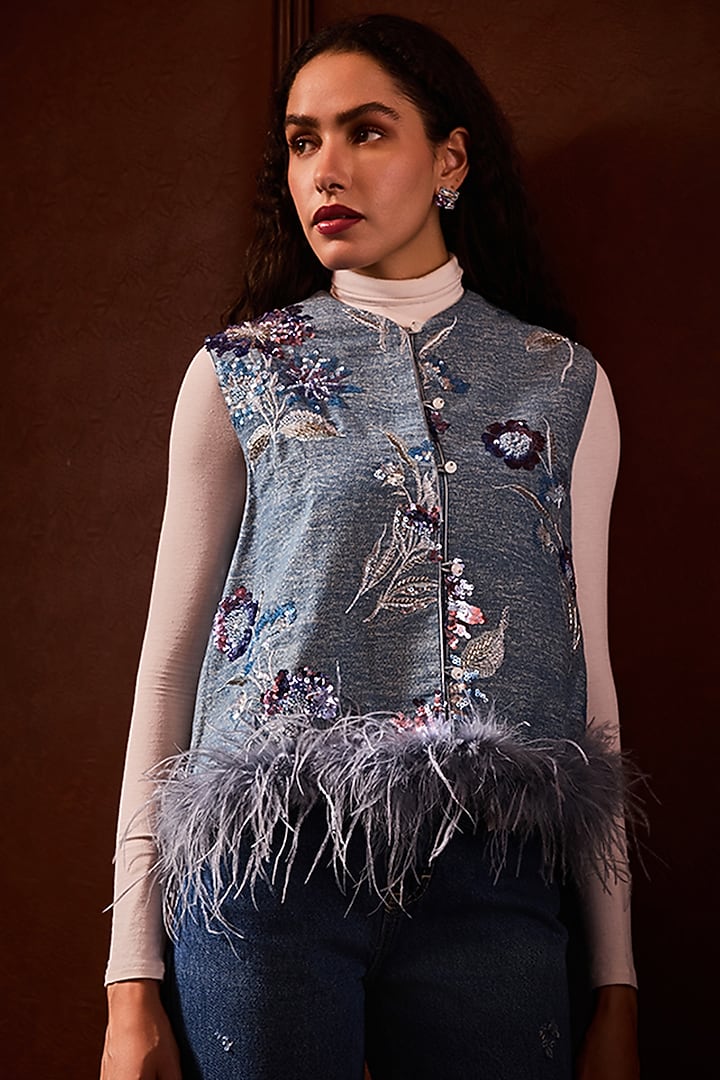 Blue Denim Lace Embellished Jacket by Label Deepika Nagpal at Pernia's Pop Up Shop