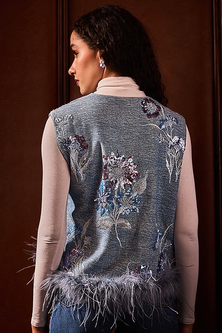 Blue Denim Lace Embellished Jacket by Label Deepika Nagpal at Pernia's Pop Up Shop