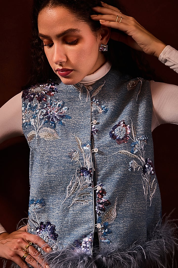 Blue Denim Lace Embellished Jacket by Label Deepika Nagpal at Pernia's Pop Up Shop