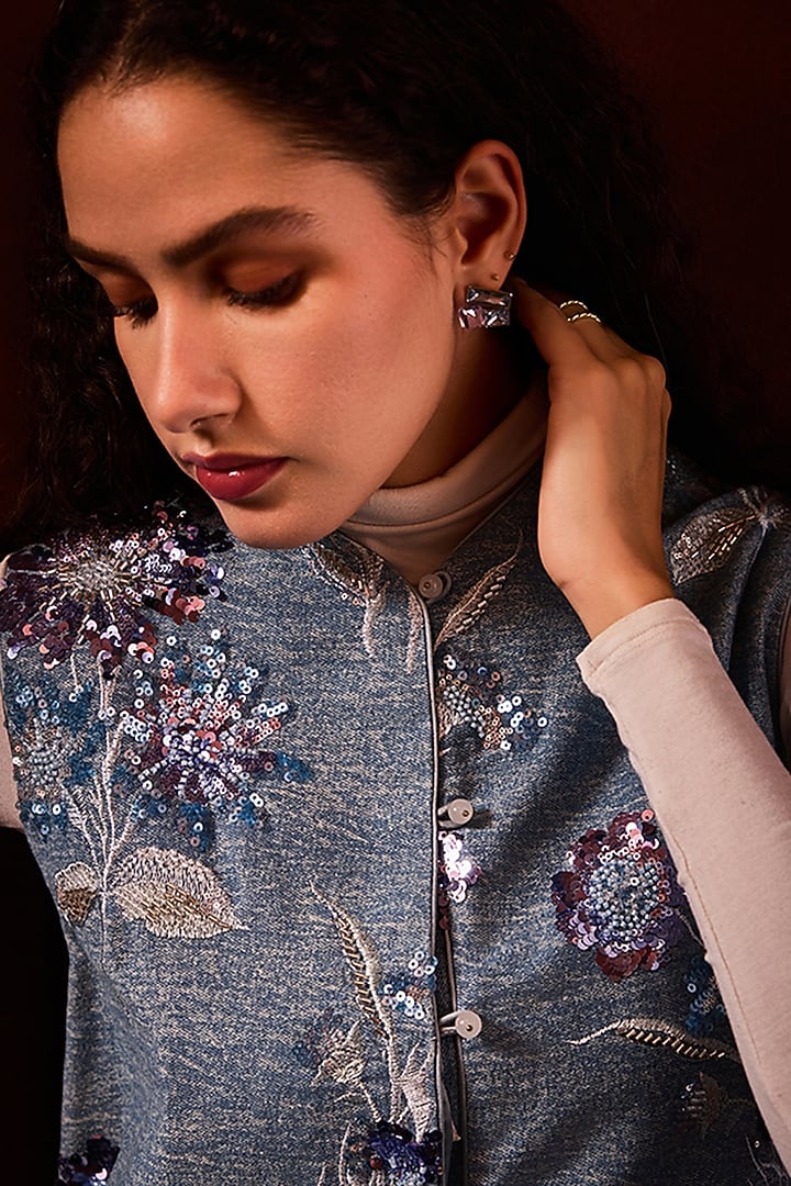 Blue Denim Lace Embellished Jacket by Label Deepika Nagpal at Pernia's Pop Up Shop