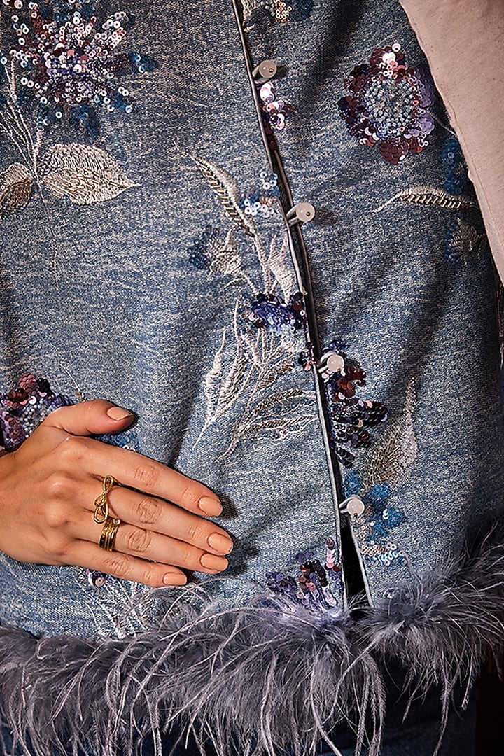 Blue Denim Lace Embellished Jacket by Label Deepika Nagpal at Pernia's Pop Up Shop