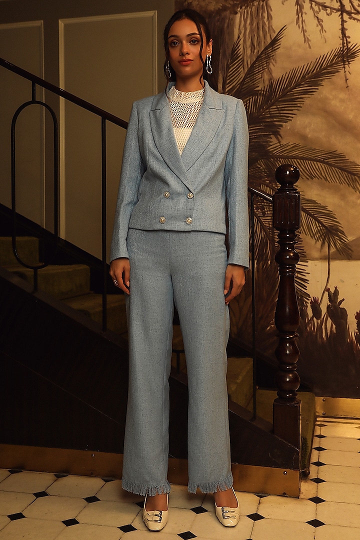 Blue Wool Blazer Set by Label Deepika Nagpal at Pernia's Pop Up Shop