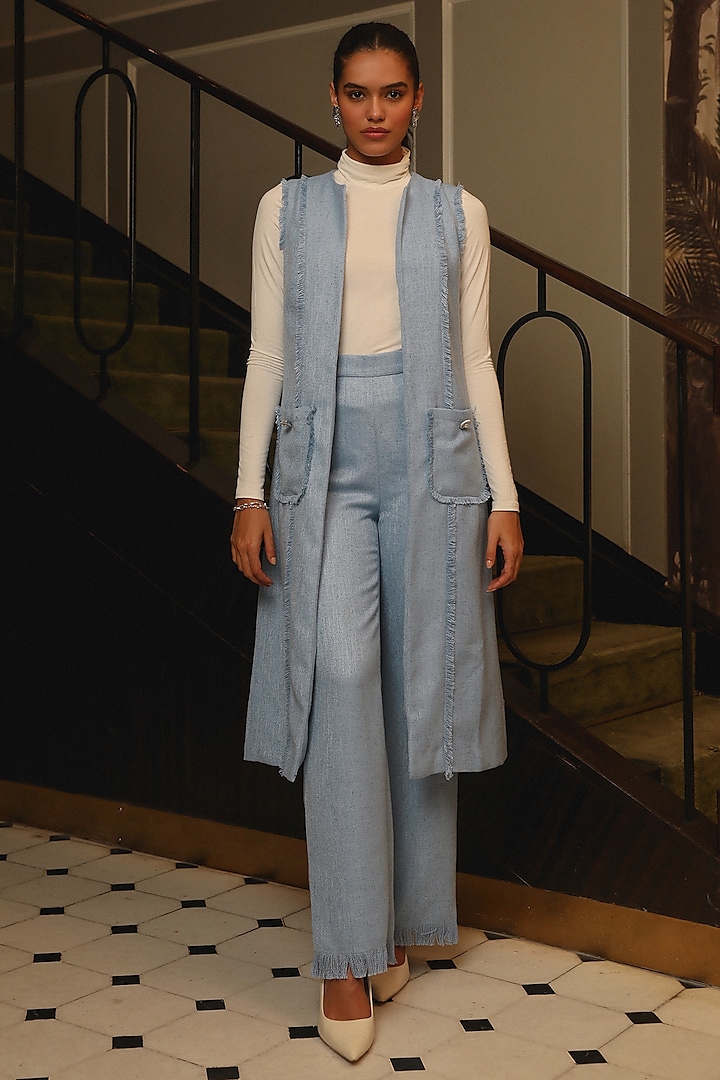 Blue Wool Blazer Set by Label Deepika Nagpal at Pernia's Pop Up Shop