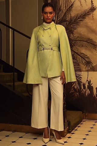 Green Wool Cape Set by Label Deepika Nagpal