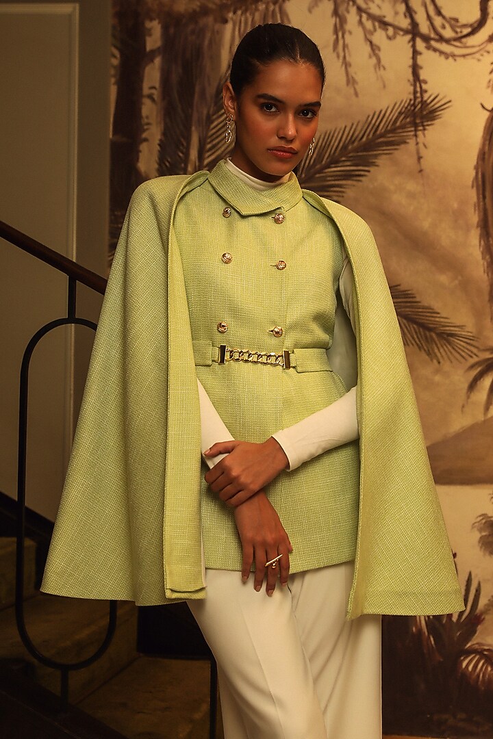 Green Wool Cape Set by Label Deepika Nagpal at Pernia's Pop Up Shop