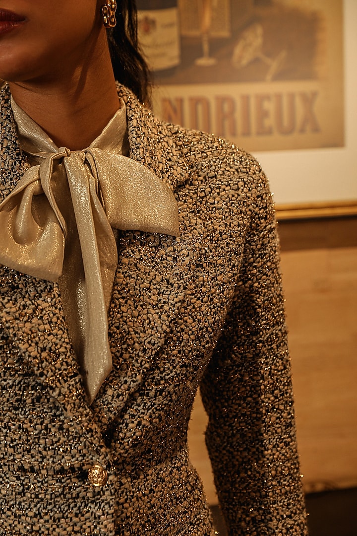 Beige Satin Bow Mini Vacation Dress With Blazer by Label Deepika Nagpal at Pernia's Pop Up Shop