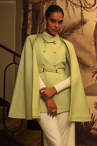 Green Moss Wool Cape Set by Label Deepika Nagpal