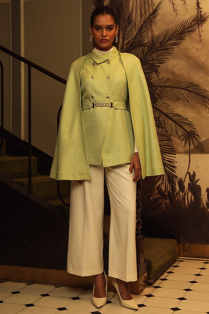 Green Moss Wool Cape Set by Label Deepika Nagpal at Pernia's Pop Up Shop