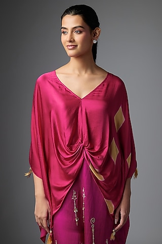 Pink Blended Satin Tie-Dye Draped Kaftan by Dilnaz Karbhary
