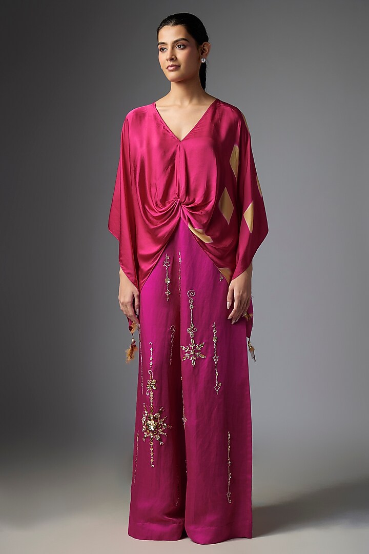 Pink Blended Satin Tie-Dye Draped Kaftan by Dilnaz Karbhary at Pernia's Pop Up Shop