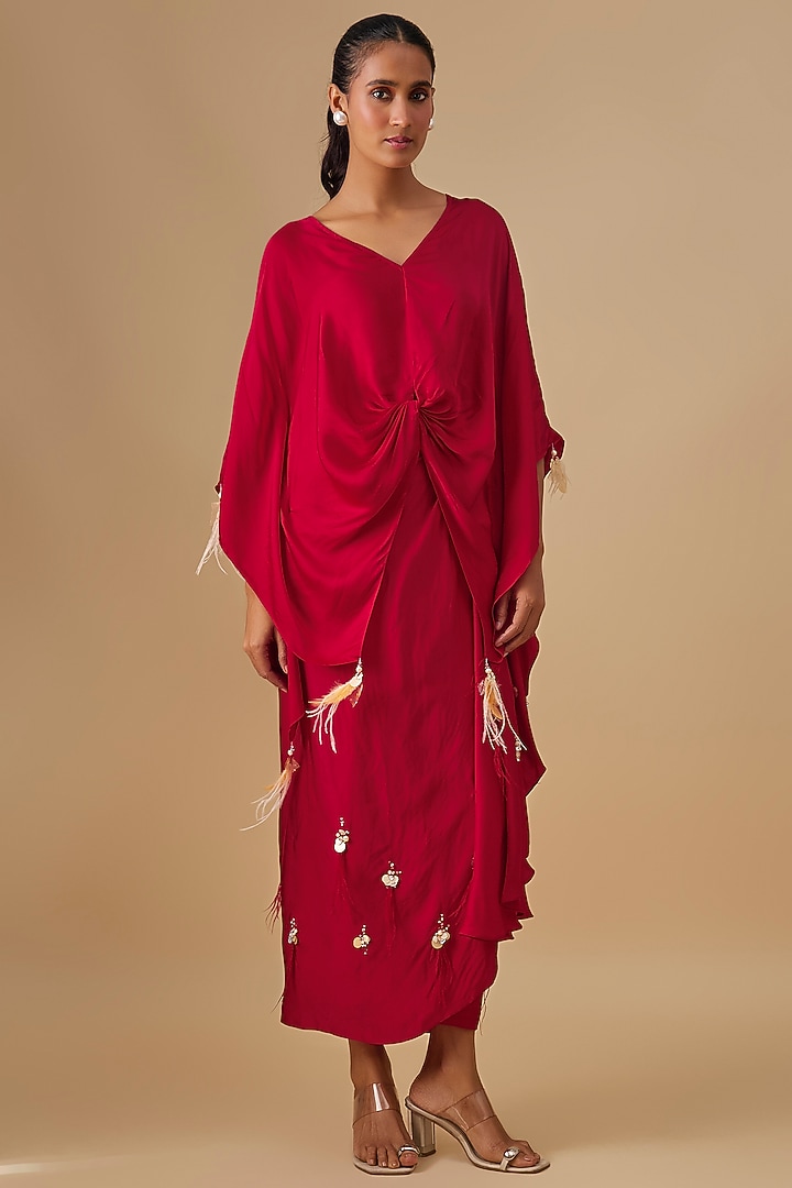 Red Blended Satin Skirt Set by Dilnaz Karbhary at Pernia's Pop Up Shop