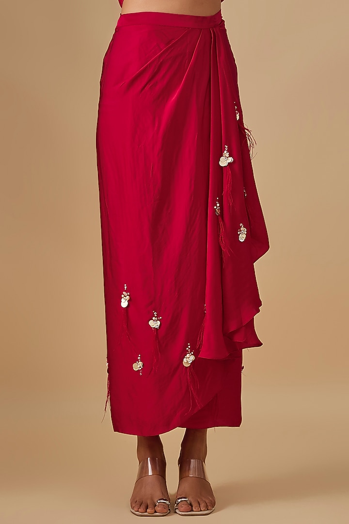 Red Blended Satin Skirt Set by Dilnaz Karbhary at Pernia's Pop Up Shop