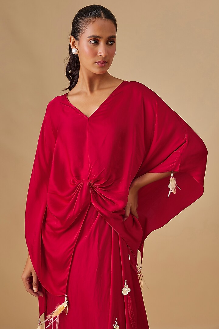 Red Blended Satin Skirt Set by Dilnaz Karbhary at Pernia's Pop Up Shop