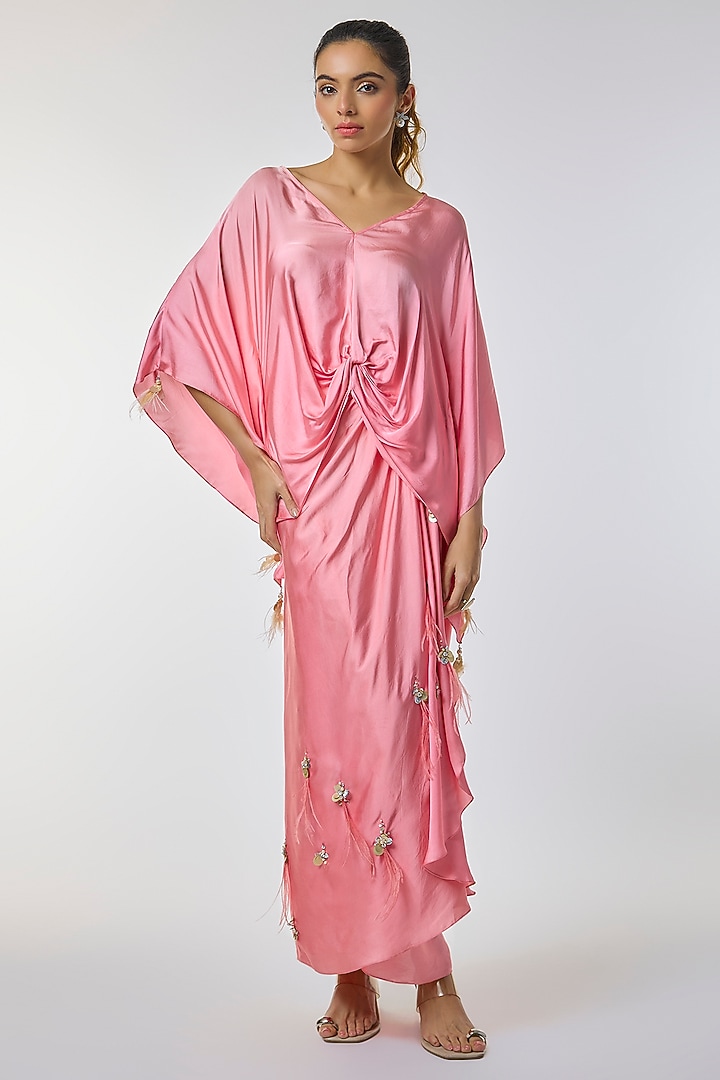 Rose Pink Blended Satin Kaftan Set by Dilnaz Karbhary at Pernia's Pop Up Shop