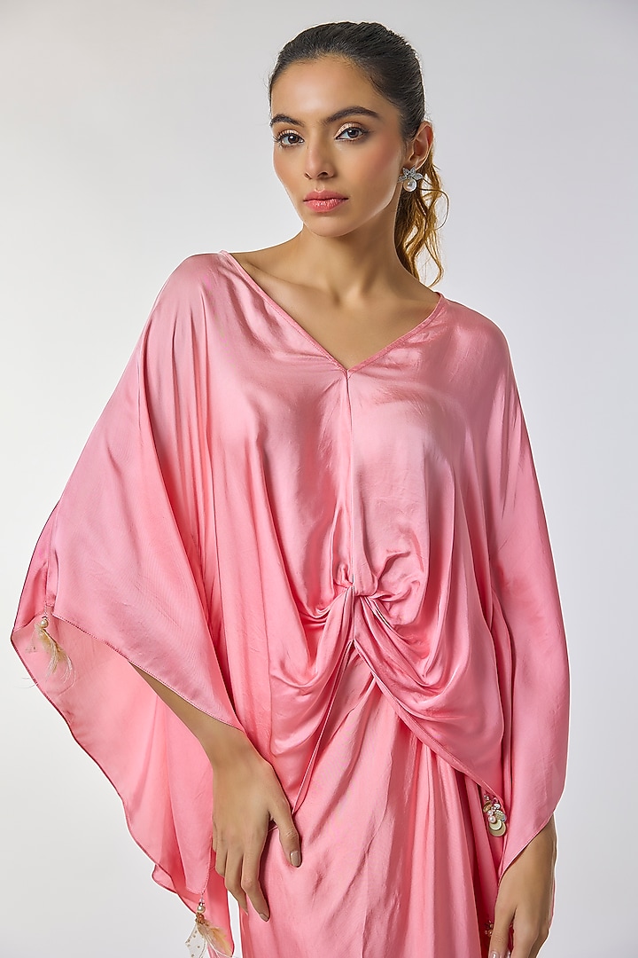 Rose Pink Blended Satin Kaftan Set by Dilnaz Karbhary at Pernia's Pop Up Shop