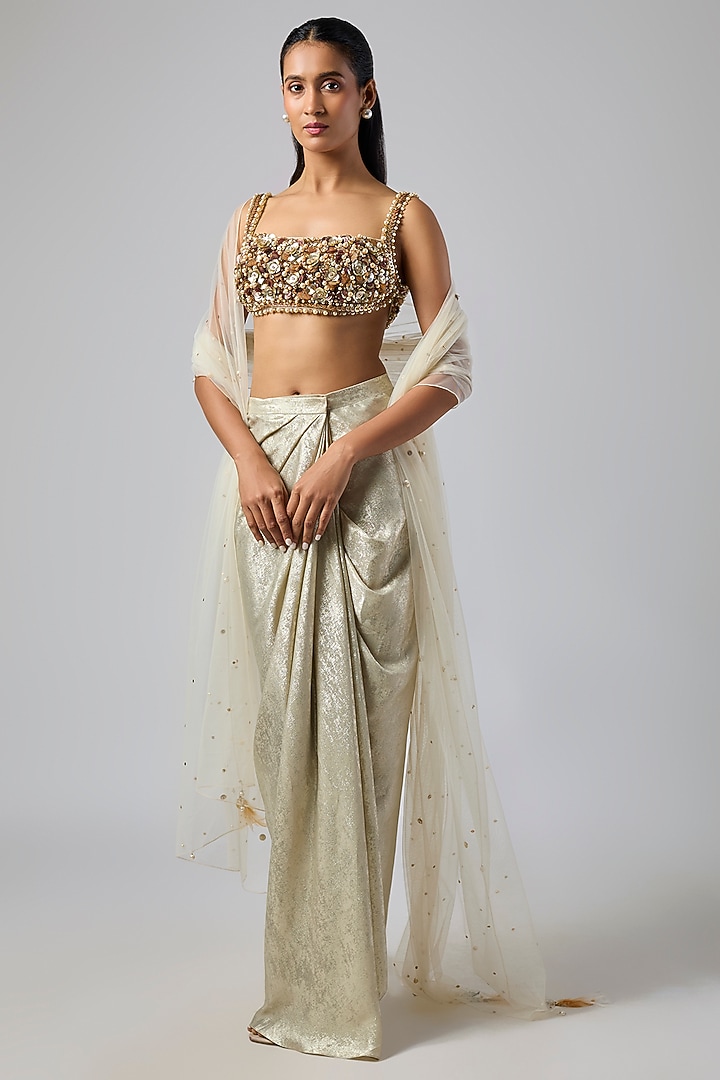 Champagne Foil Draped Skirt Set by Dilnaz Karbhary at Pernia's Pop Up Shop