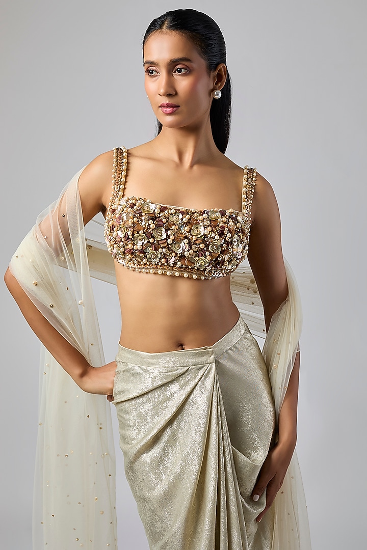 Champagne Foil Draped Skirt Set by Dilnaz Karbhary at Pernia's Pop Up Shop