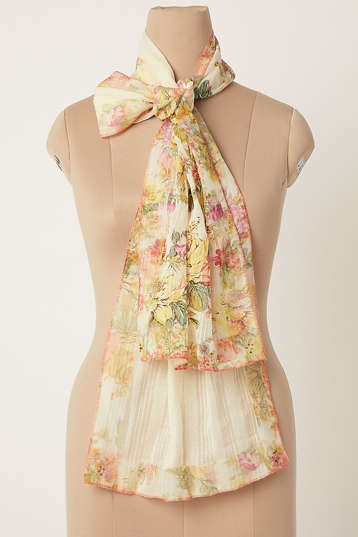 Yellow Floral Print Stole by Dilnaz Karbhary