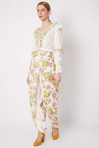 Yellow Printed Cowl Pants by Dilnaz Karbhary