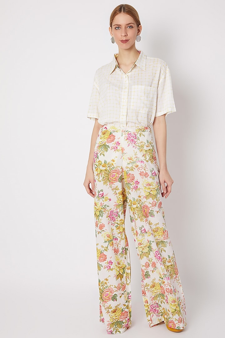 Yellow Floral Printed Pants by Dilnaz Karbhary