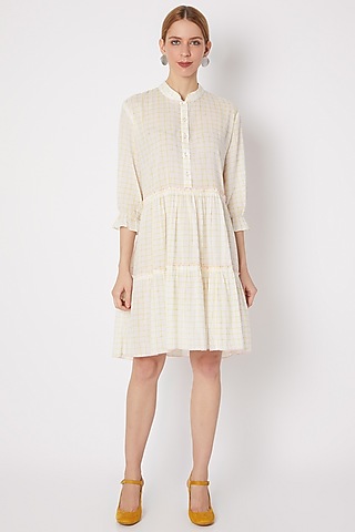 White & Yellow Screen Printed Flared Dress by Dilnaz Karbhary