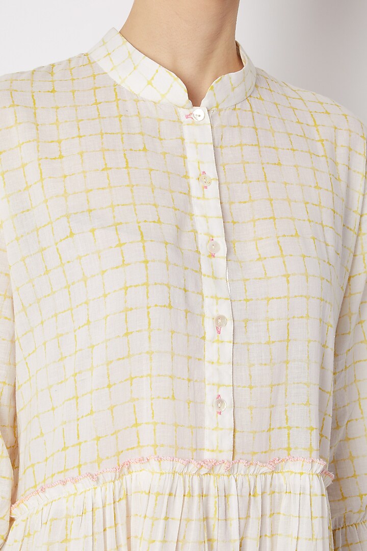 White & Yellow Screen Printed Flared Summer Dress by Dilnaz Karbhary at Pernia's Pop Up Shop