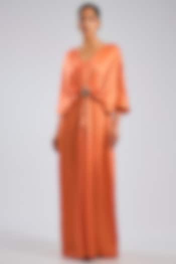 Orange Pure Satin Draped Engagement Gown by Dilnaz Karbhary at Pernia's Pop Up Shop