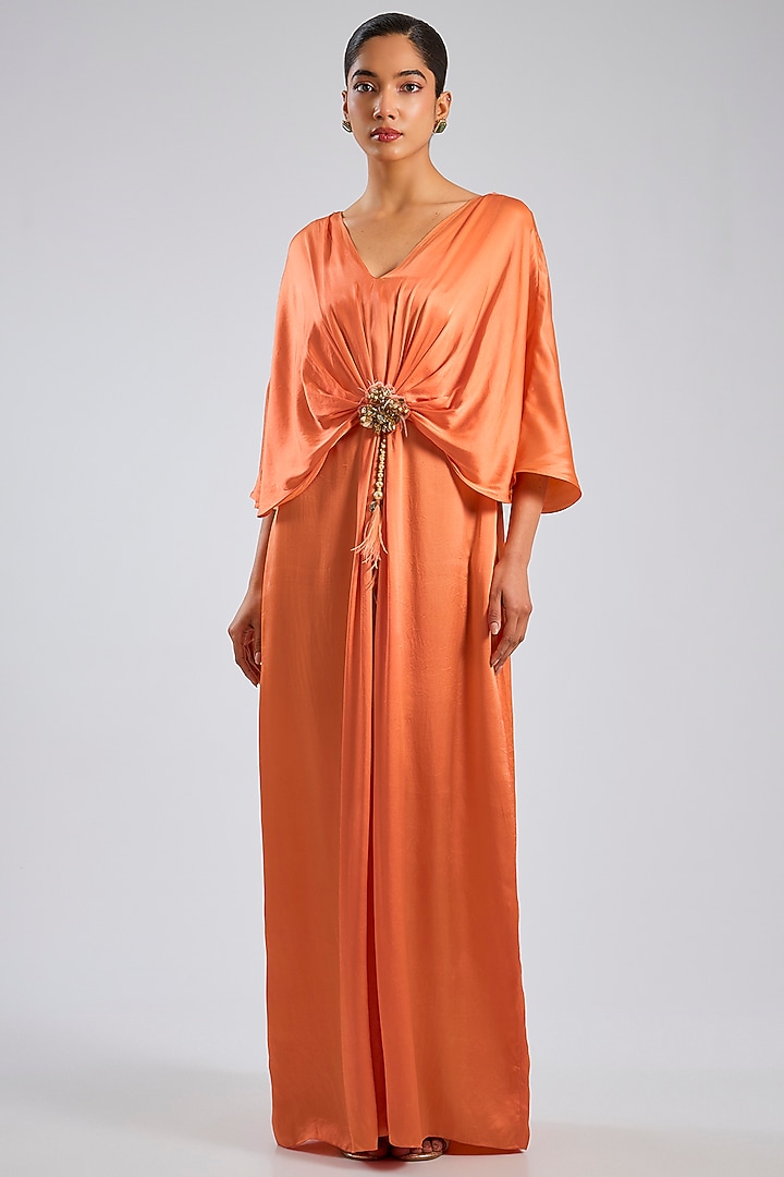 Orange Pure Satin Draped Engagement Gown by Dilnaz Karbhary at Pernia's Pop Up Shop
