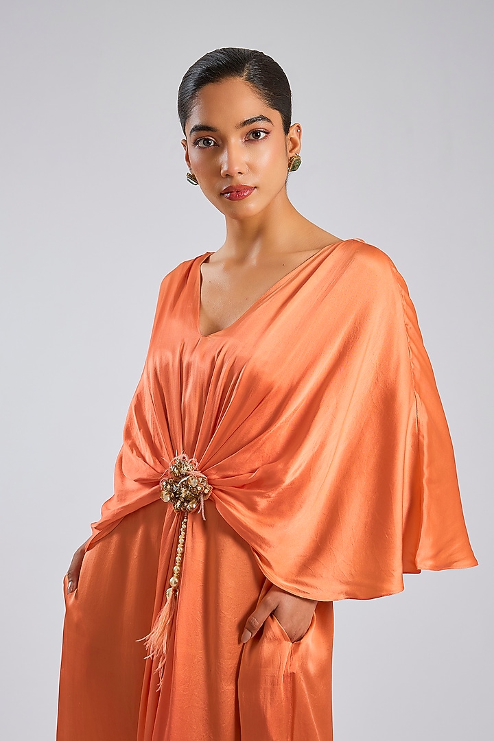 Orange Pure Satin Draped Engagement Gown by Dilnaz Karbhary at Pernia's Pop Up Shop