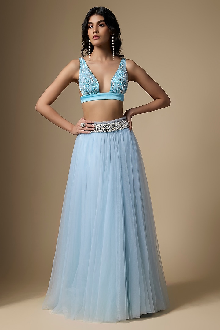 Blue Net & Poly Satin Skirt by Dilnaz Karbhary at Pernia's Pop Up Shop