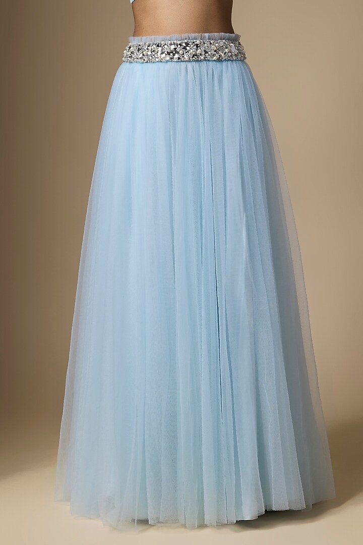 Blue Net & Poly Satin Skirt by Dilnaz Karbhary at Pernia's Pop Up Shop