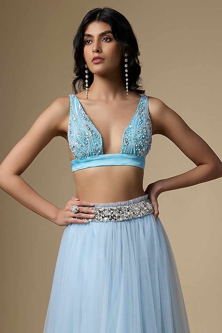 Blue Net & Poly Satin Skirt by Dilnaz Karbhary at Pernia's Pop Up Shop