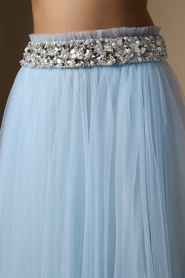 Blue Net & Poly Satin Skirt by Dilnaz Karbhary at Pernia's Pop Up Shop