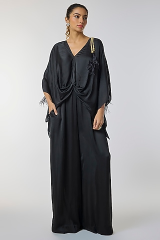 Black Blended Satin Kaftan With Jumpsuit by Dilnaz Karbhary