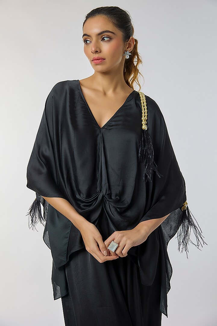 Black Blended Satin Kaftan With Jumpsuit by Dilnaz Karbhary at Pernia's Pop Up Shop