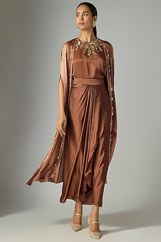 Brown Blended Satin Draped Skirt Set by Dilnaz Karbhary