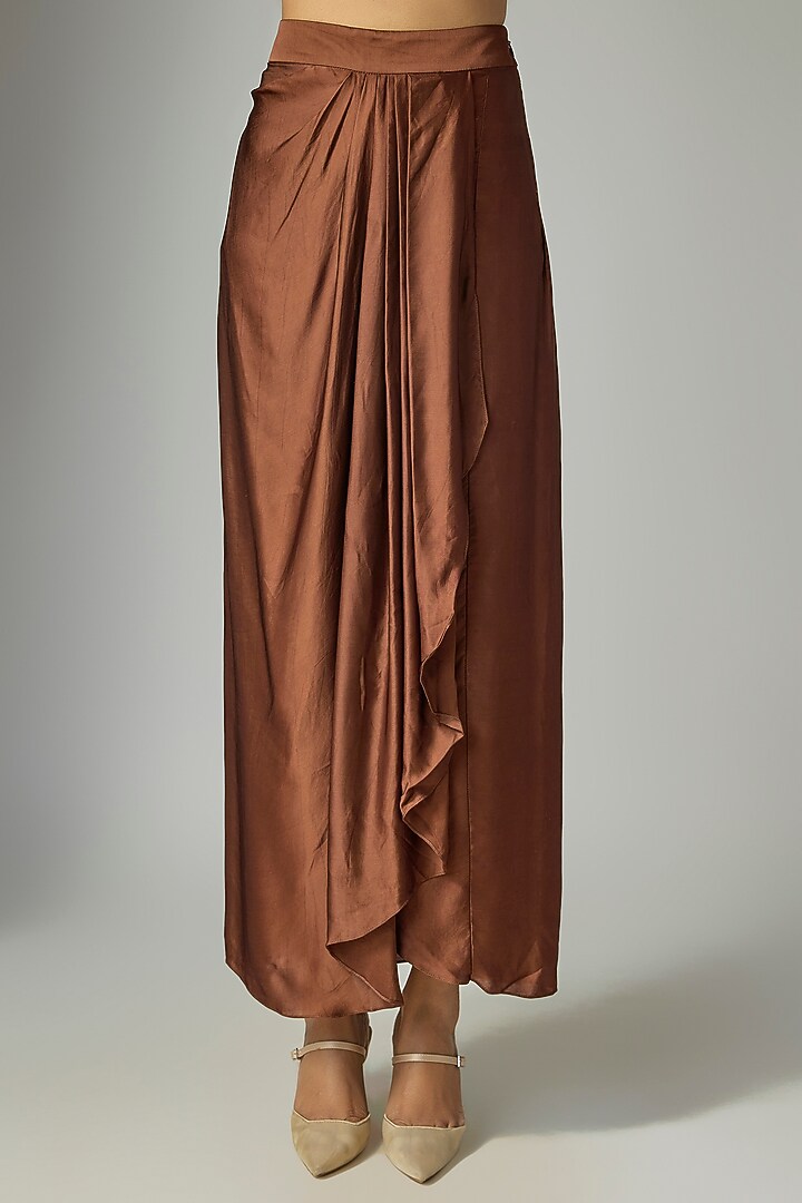 Brown Blended Satin Draped Skirt Set by Dilnaz Karbhary at Pernia's Pop Up Shop