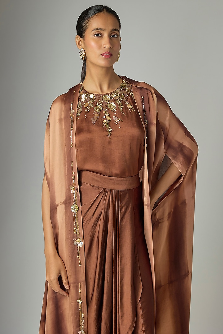 Brown Blended Satin Draped Skirt Set by Dilnaz Karbhary at Pernia's Pop Up Shop