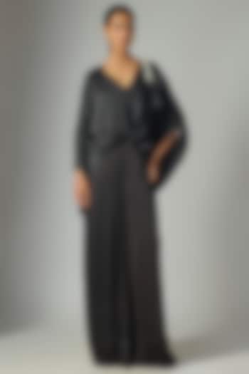Black Blended Satin Jumpsuit With Kaftan by Dilnaz Karbhary at Pernia's Pop Up Shop