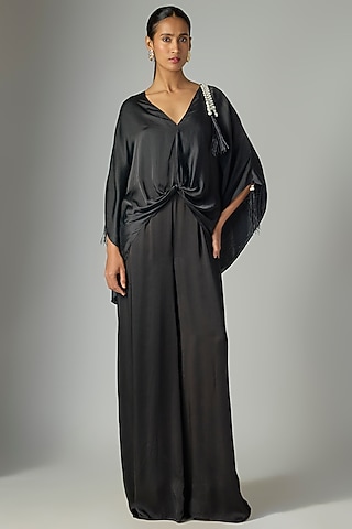 Black Blended Satin Jumpsuit With Kaftan by Dilnaz Karbhary